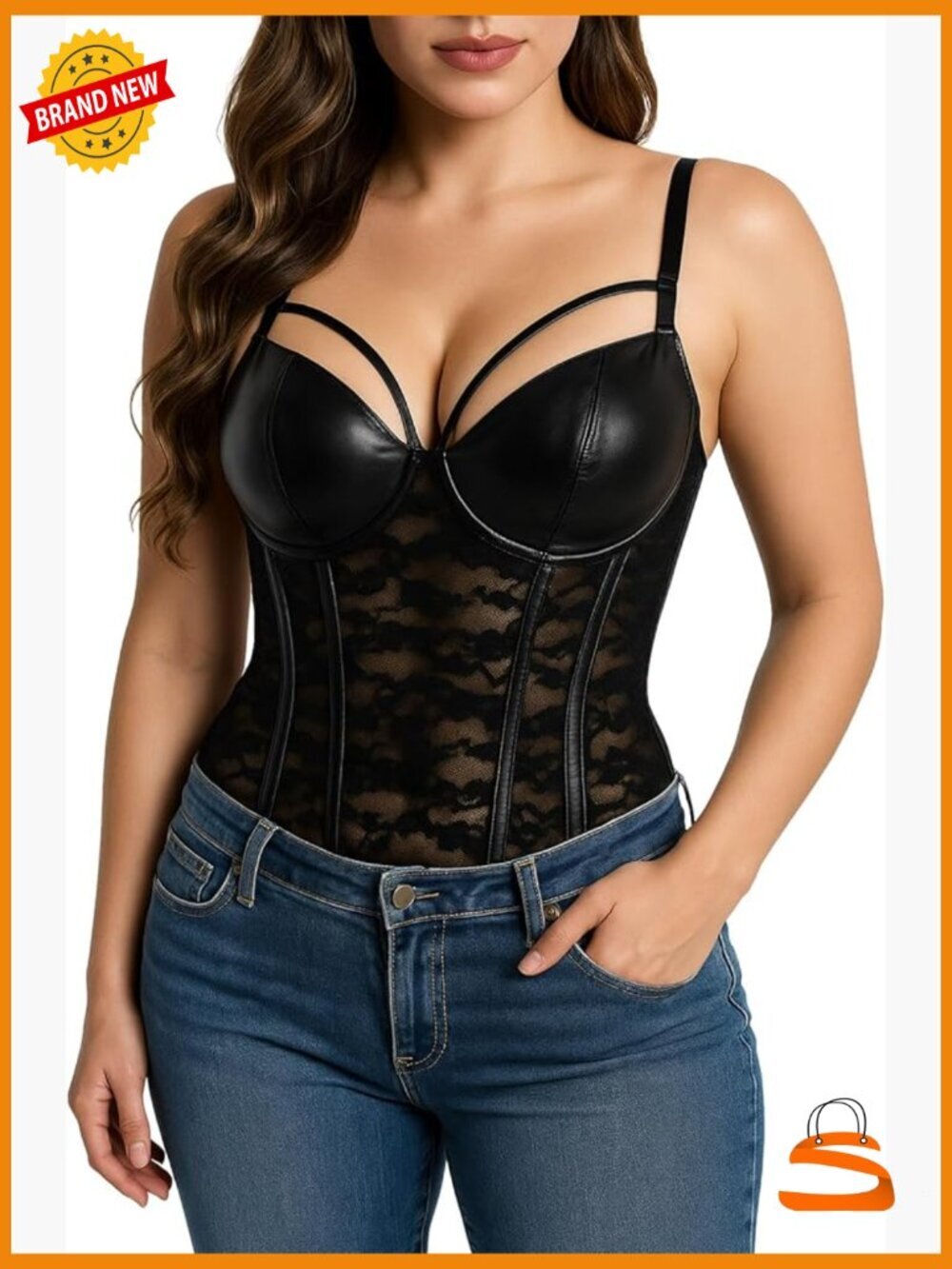 Faux Leather Lace Bustier Corset with Underwire and Garters